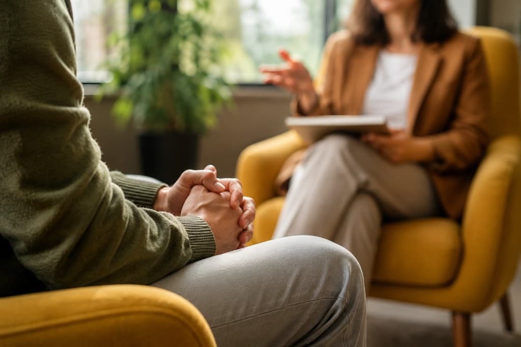 Sessão de terapia — mãos entrelaçadas e escuta profissional